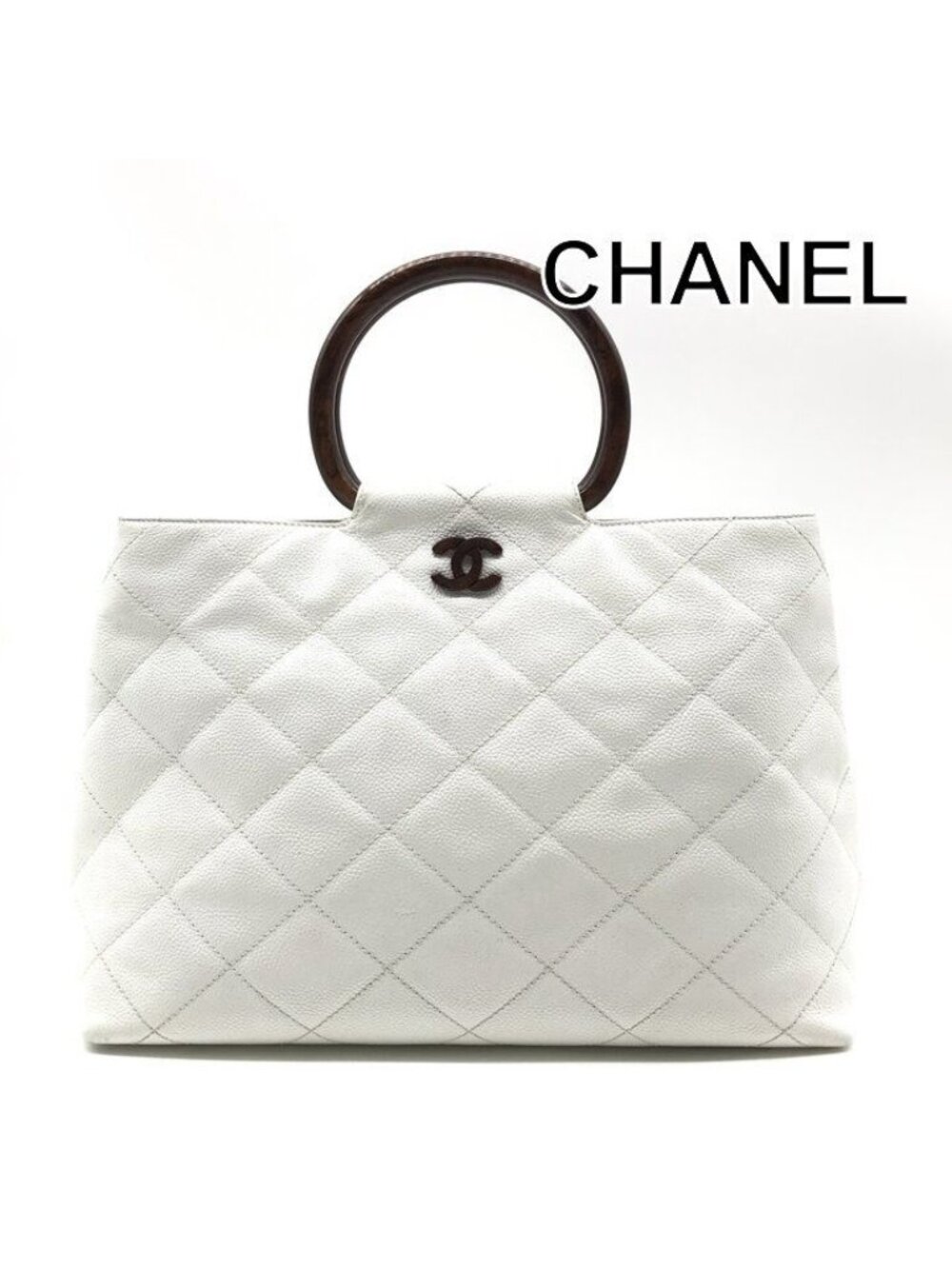Chanel CC Logo Caviar Leather Wood Handle Hand White Purse